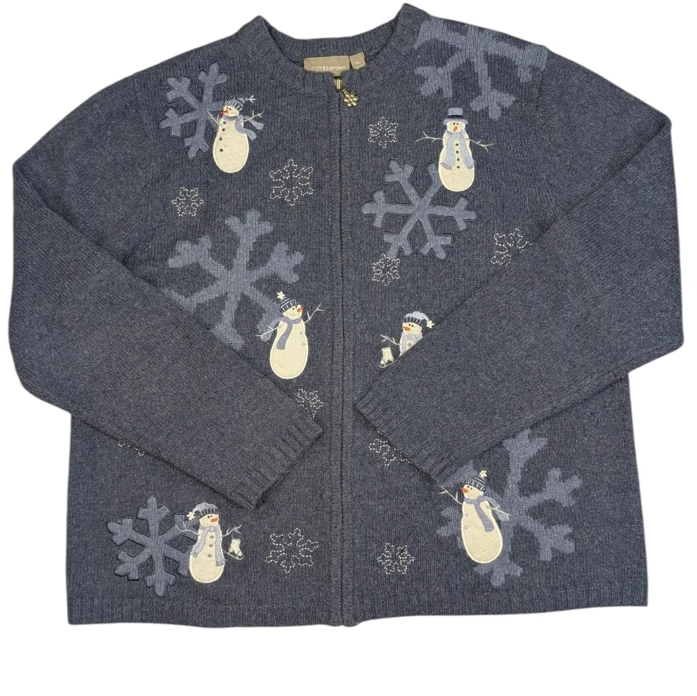 Croft & Barrow Embroidered Winter Snowmen & Snowflakes Zip Sweater Jacket. XL